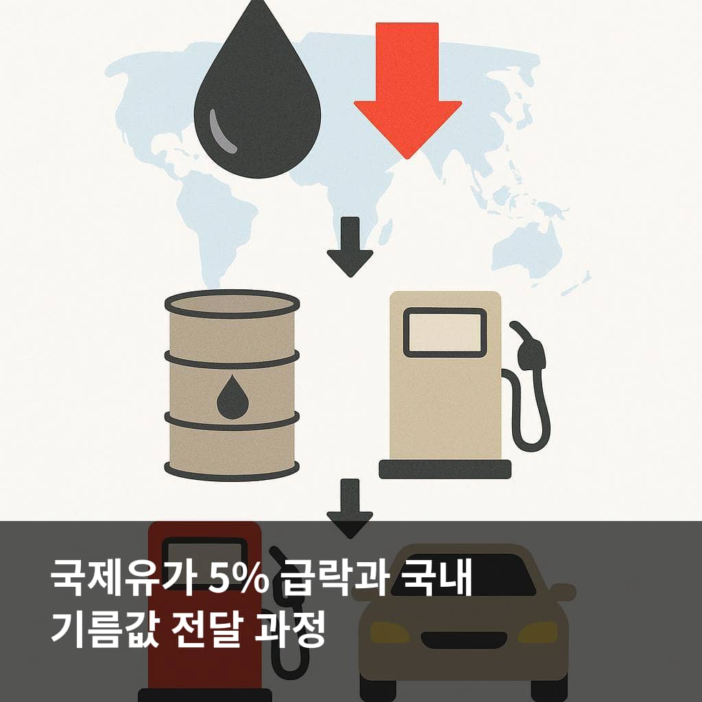 국제유가 5% 급락 이후 국내 기름값 전달 경로를 설명하는 이미지