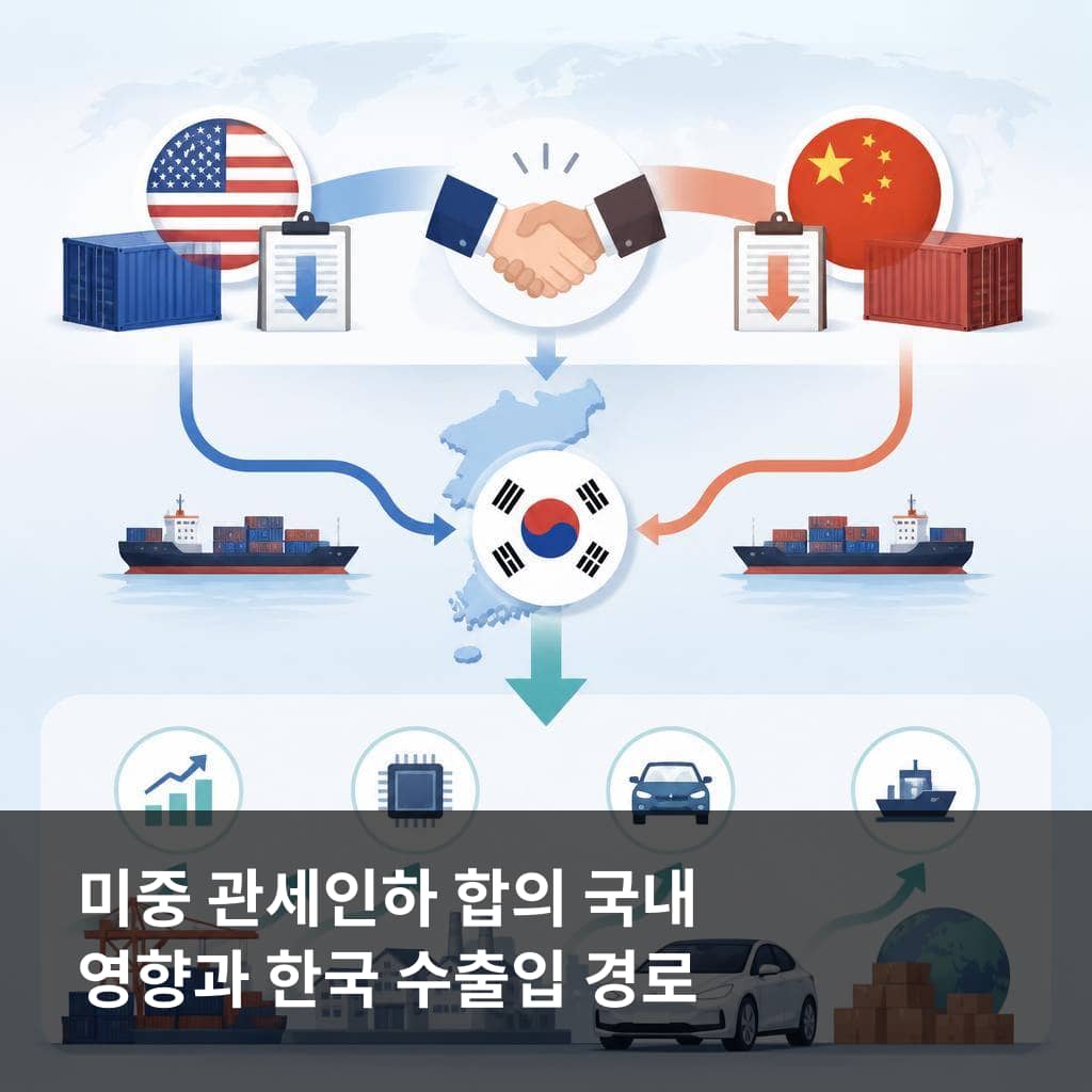 미중 관세인하 합의 국내 영향과 한국 수출입 경로를 설명하는 이미지