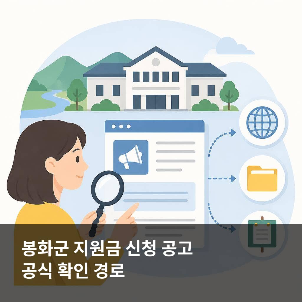 봉화군 지원금 신청 공고와 공식 확인 경로를 설명하는 이미지
