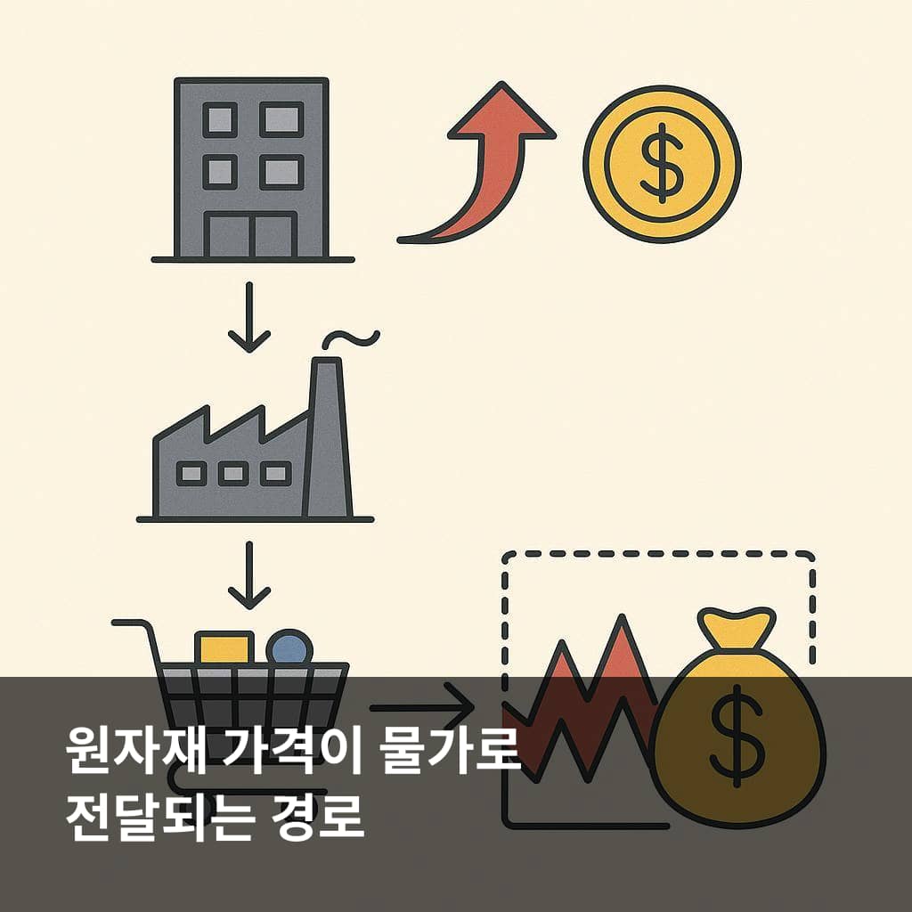 원자재 가격 물가 영향과 CPI 전달 경로를 설명하는 이미지