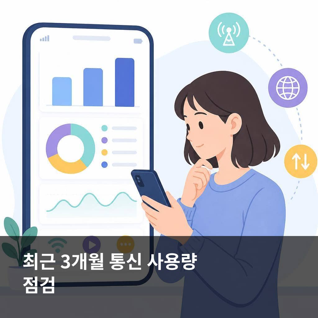 통신요금 사용패턴 점검과 최근 3개월 데이터 사용량 확인을 표현한 이미지