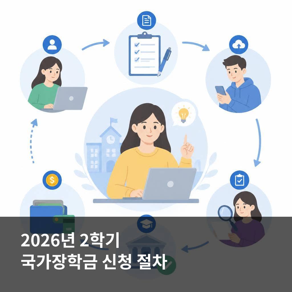2026년 2학기 국가장학금 신청 절차와 서류 제출 단계를 보여주는 이미지