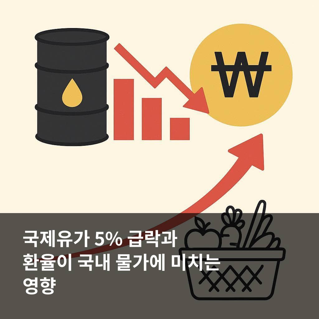 국제유가 5% 급락과 환율 변수가 국내 물가에 미치는 영향을 설명하는 이미지