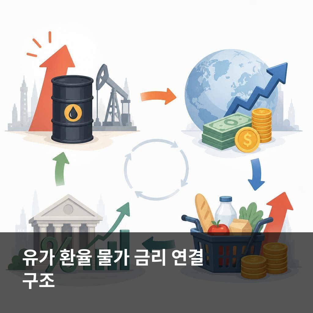 국제유가 상승 금리 영향에서 유가 환율 물가 금리의 연결 구조를 보여주는 이미지