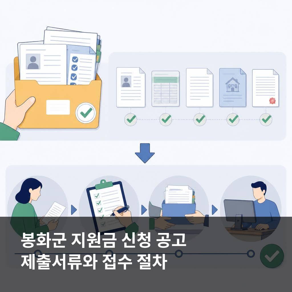 봉화군 지원금 신청 공고의 제출서류와 접수 절차를 정리한 이미지