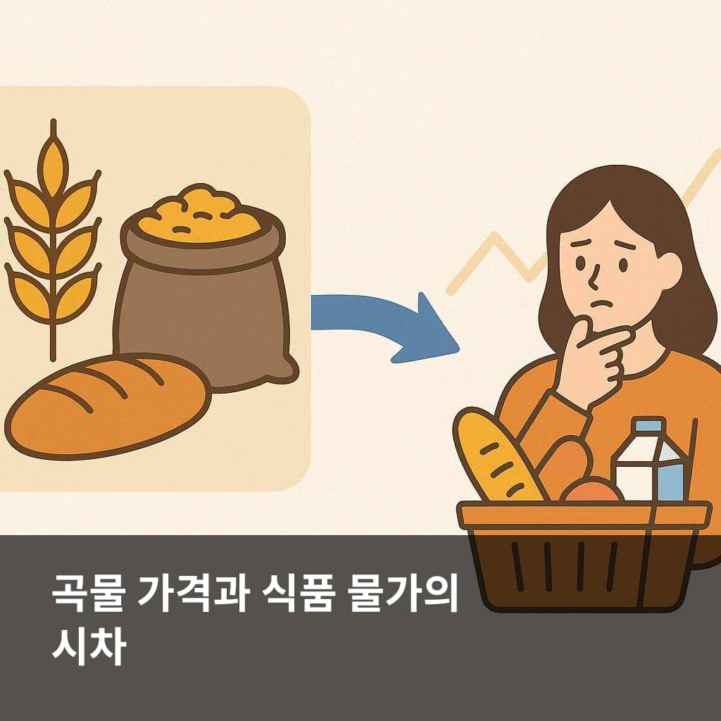 원자재 가격 물가 영향 중 곡물과 식품 가격의 시차를 보여주는 이미지