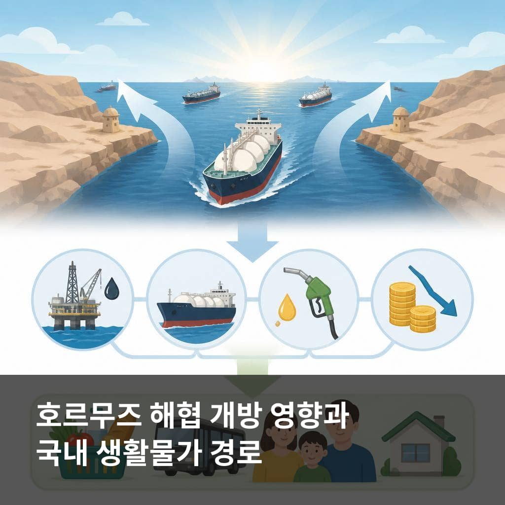 호르무즈 해협 개방 영향이 국내 생활물가로 이어지는 경로를 보여주는 이미지
