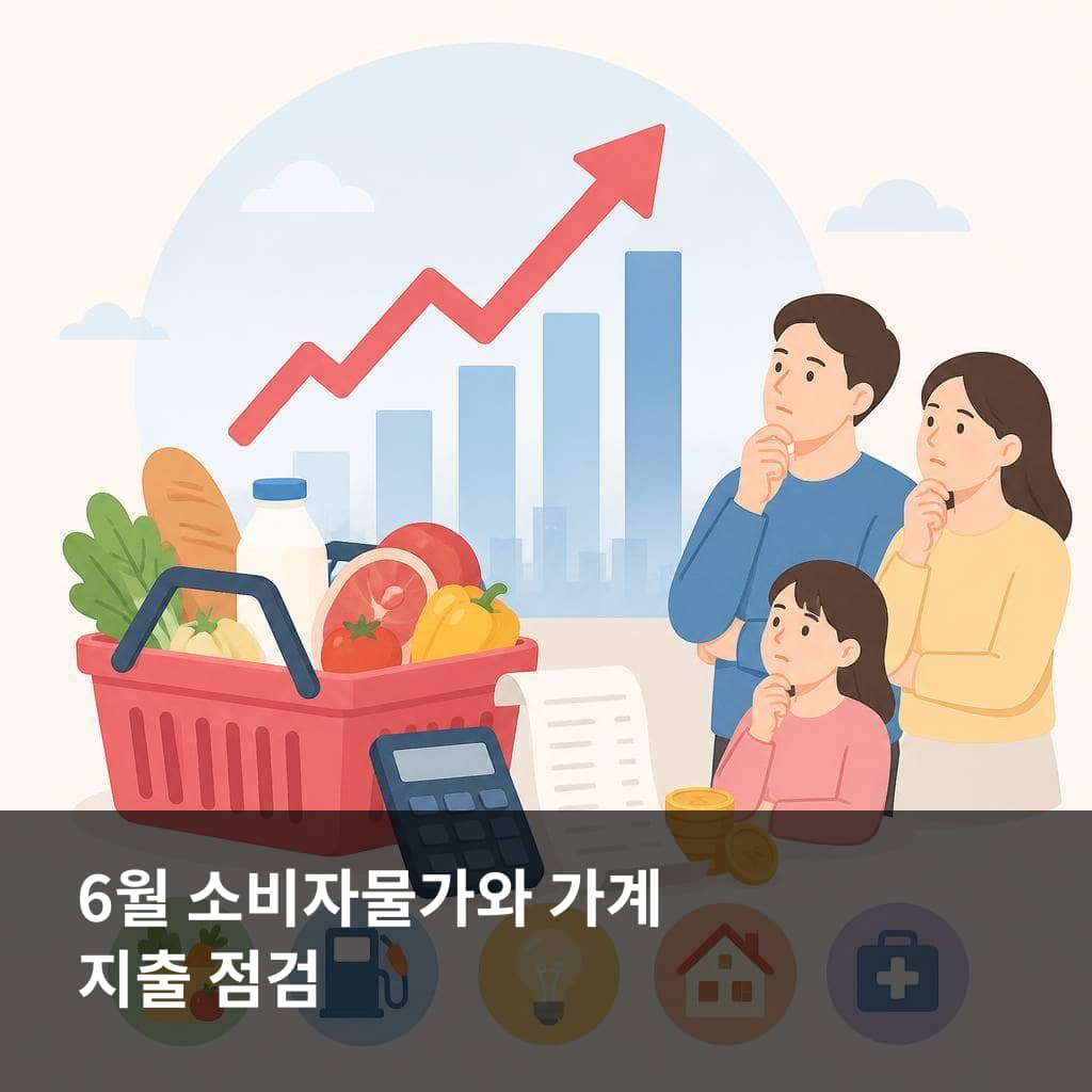 6월 소비자물가 3.2%와 가계 생활비 점검 항목을 보여주는 이미지