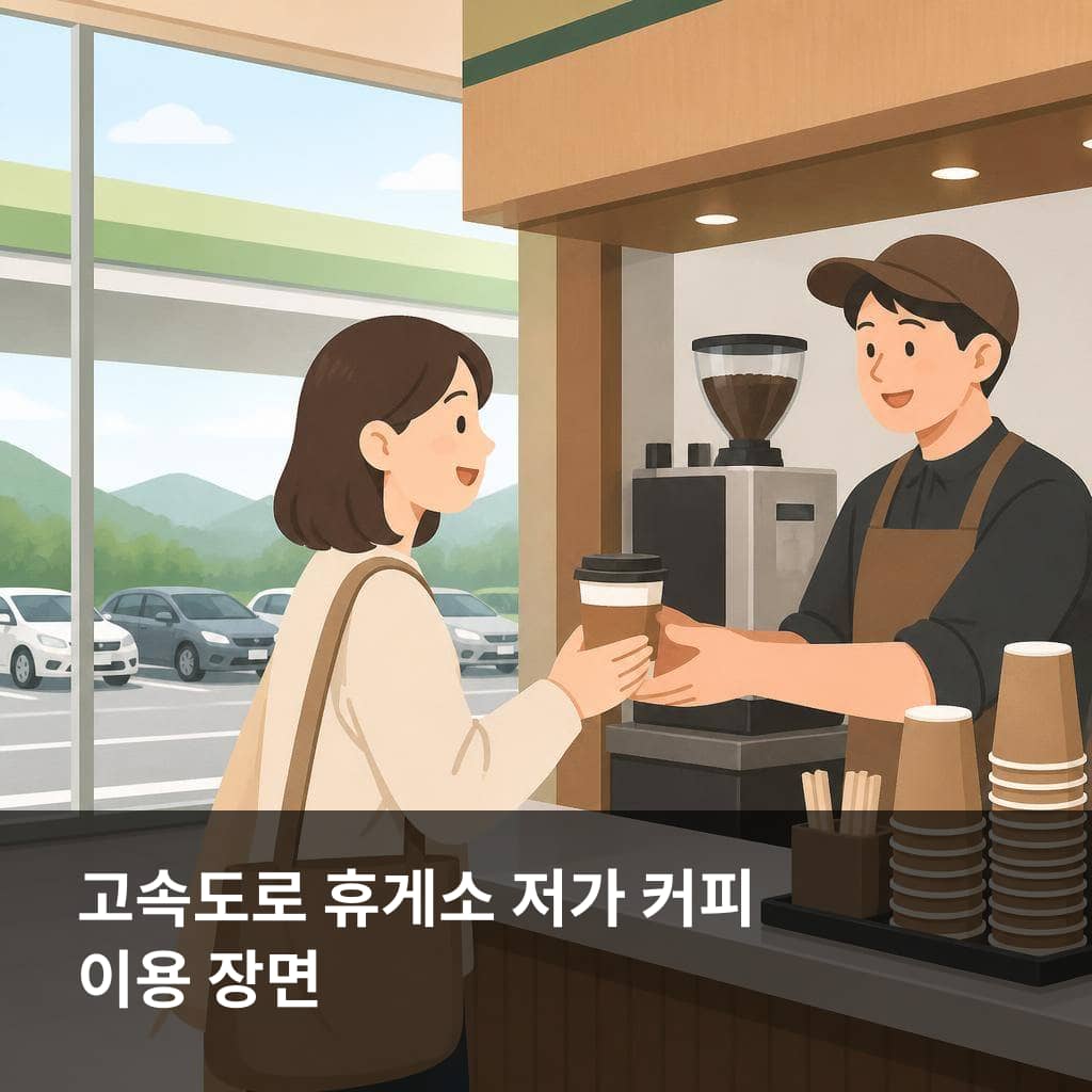 휴게소 저가 커피 입점 매장에서 음료를 고르는 장거리 운전자