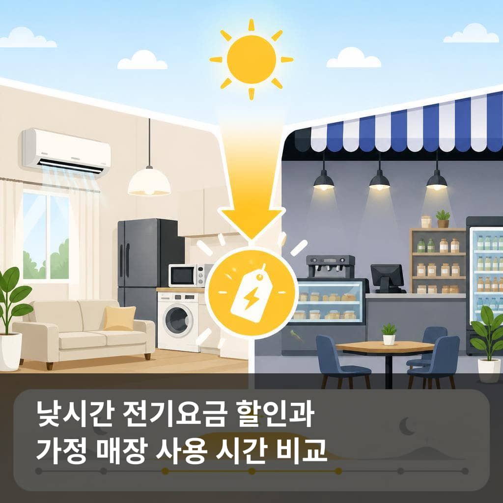 낮시간 전기요금 할인 확인을 위해 가정과 매장의 전기 사용 시간대를 비교하는 이미지