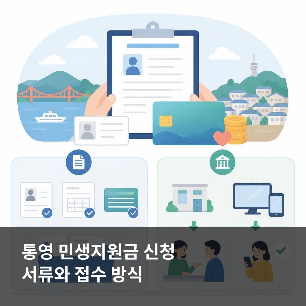 통영 민생지원금 신청에 필요한 서류와 온라인 방문 접수 방식을 비교한 이미지
