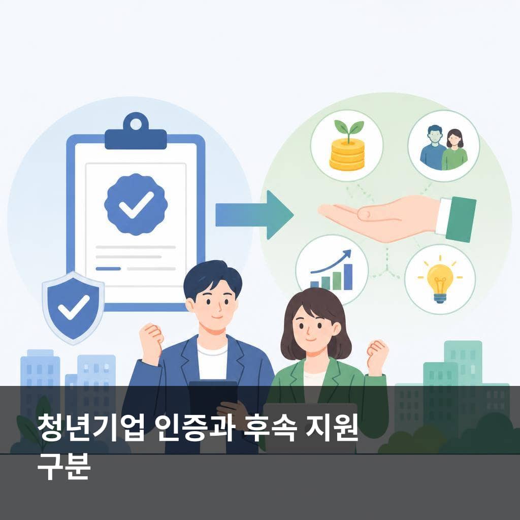 청년기업 인증 절차와 인증 후 지원의 차이를 보여주는 안내 이미지
